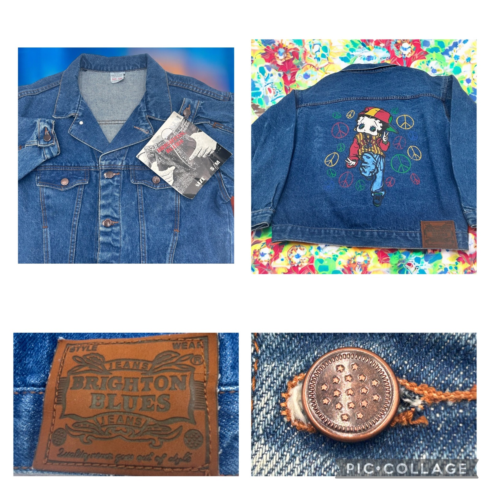Vtg 90s Betty Boop Denim Jacket Size S M Peace Signs Rasta Style 100% Cotton Nwt